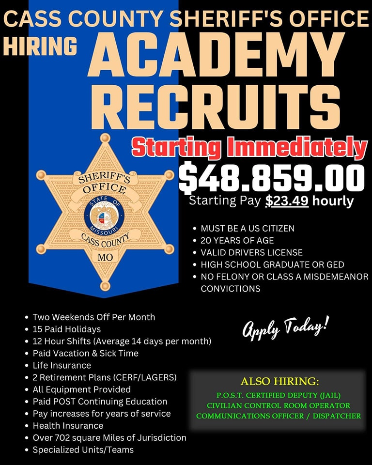 cassmosheriff's tweet photo. Start your exciting career in Law Enforcement by helping us keep Cass County safe. Applications are now being accepted for Academy Class 23-02.

Join us at: https://t.co/VFRJUyc5Sc

#NowHiring #kcmetrojobs #KansasCityJobs #KCJobs #KCJobSeekers #LawEnforcement https://t.co/7VNLnOidDu