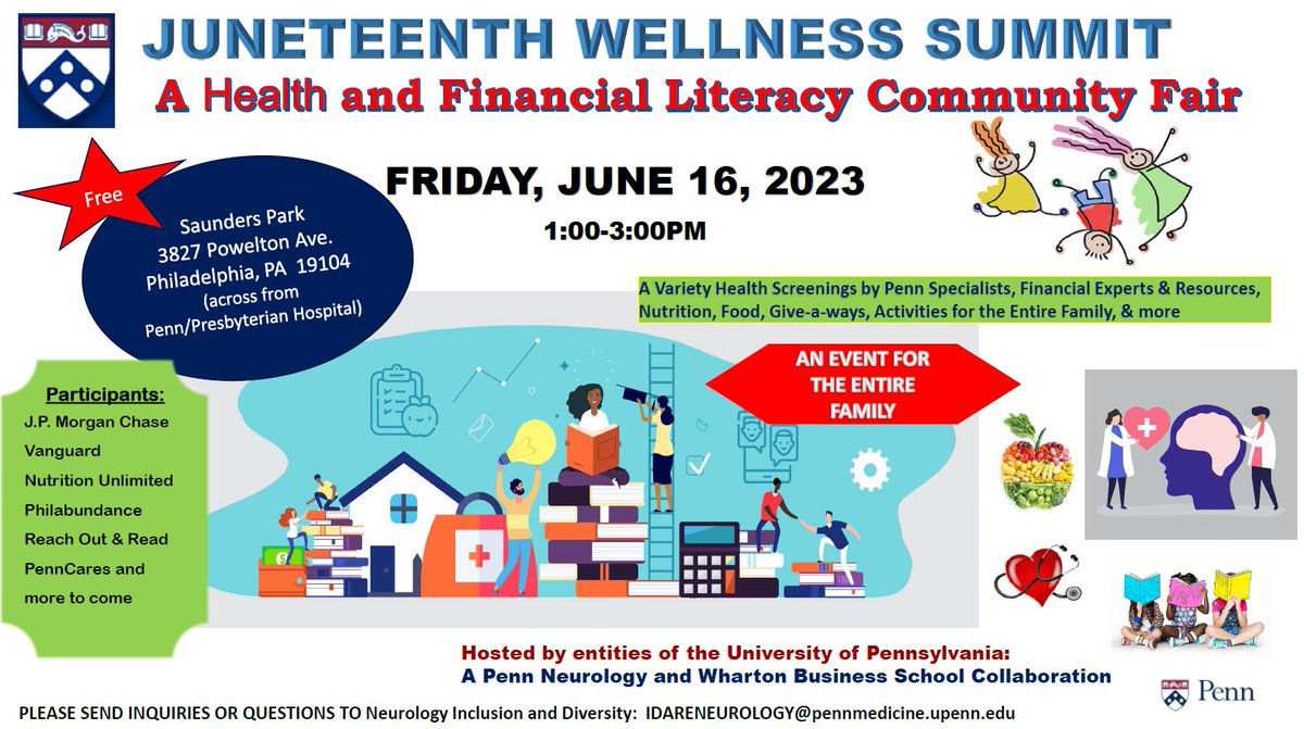 University of Pennsylvania Neurology (@pennneurology) on Twitter photo We're about 1.5 weeks away from the Juneteenth Wellness Summit (Free) on 6/16 1-3pm!! For the West & SW Phila. Community! 38th and Powelton Ave - Saunders Park. <a href="/WestPhillyPN/">Promise Neighborhood</a> @westphillypress <a href="/chosen300/">Esam salam</a> <a href="/BaptistSharon/">SharonBaptistChurch</a> <a href="/SWPhiladelphia/">SouthWestPhilly</a> <a href="/PennMedicine/">Penn Medicine</a> <a href="/Wharton/">The Wharton School</a> <a href="/WestPhillyNews/">West Philly News</a> We're about 1.5 weeks away from the Juneteenth Wellness Summit (Free) on 6/16 1-3pm!! For the West & SW Phila. Community! 38th and Powelton Ave - Saunders Park. <a href="/WestPhillyPN/">Promise Neighborhood</a> @westphillypress <a href="/chosen300/">Esam salam</a> <a href="/BaptistSharon/">SharonBaptistChurch</a> <a href="/SWPhiladelphia/">SouthWestPhilly</a> <a href="/PennMedicine/">Penn Medicine</a> <a href="/Wharton/">The Wharton School</a> <a href="/WestPhillyNews/">West Philly News</a>