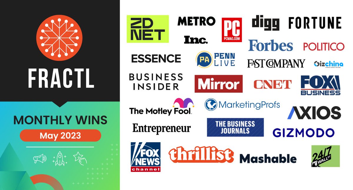 May was my birthday month, and the @fractlagency team delivered the best 🎁 with client features on my favorite sites: Business Insider, Gizmodo, Axios, Fast Company, Inc, Entrepreneur, Marketing Profs, Mashable, CNET, ZDNet, Thrillist, and more! #pr #ftw