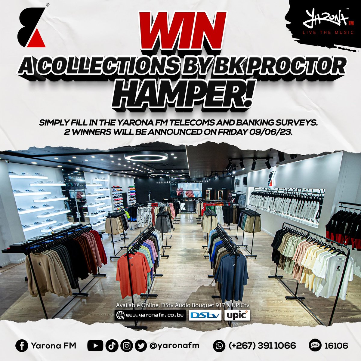 WIN yourself a <a href="/collectionsbybk/">Collections by Bk Proctor</a> hamper.

Step 1: Share this post.
Step 2: Fill in the 2 surveys below.

🏦 Banking Survey clny.co/yarona

📱 Telecoms Survey clny.co/yarona1

Weekly winners to be announced every Friday live on air and posted online. 😎🧢🏅🎉