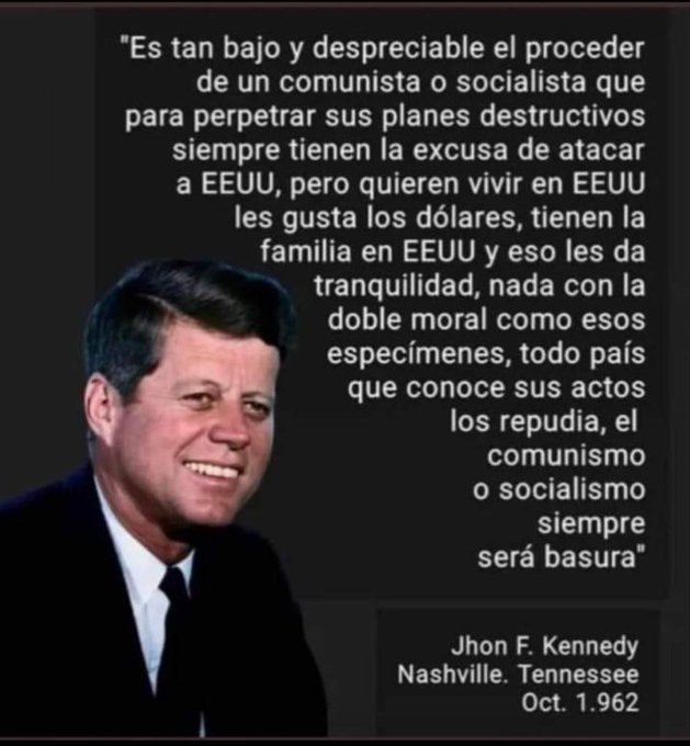 #VenezuelaEnDesobediencia  
#VenezuelaNoVota 
#PrimariasNoCallesSi
#PLV 🇻🇪
#TRUMP2024 🇺🇸
#CalleYMaduroCae 
@AntiProgreVzla    

LAPIDARIA VERDAD...

CON 61 AÑOS
DE VIGENCIA

MAS CLARO
Y CONTUNDENTE
IMPOSIBLE‼️

GRACIAS  💥 JFK💥

RT/❤

👇👇👇👇👇👇👇👇👇👇