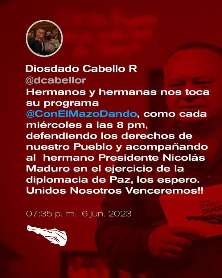 #NuevaGeometríaPluripolar Hoy tendremos mazo!!!! Como todo los Miércoles 🚩🚩🚩
@PartidoPSUV 
@NicolasMaduro 
@dcabellor 
@avilaelguerrero 
@ConElMazoDando