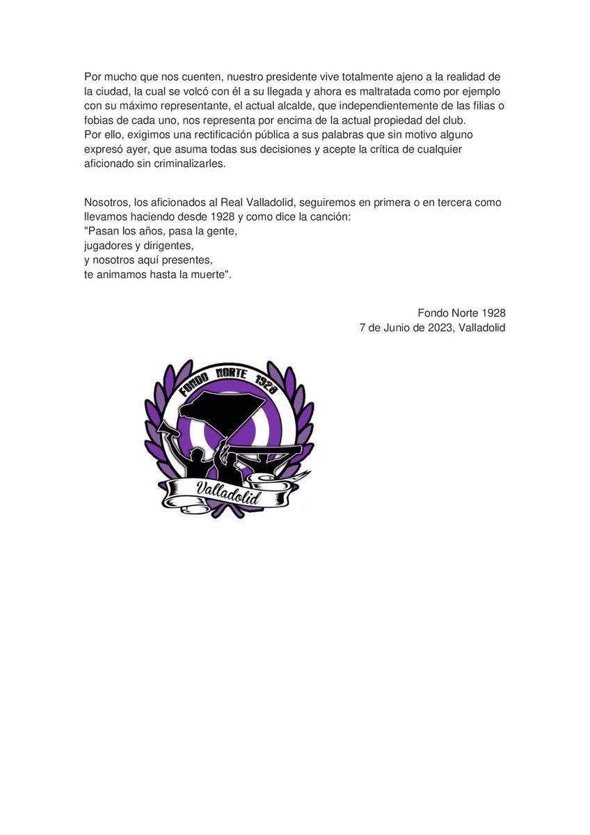 FondoNorte1928's tweet photo. Escuchadas las declaraciones del presidente y accionista mayoritario del Real Valladolid, @Ronaldo y tras entender que en ellas se alude de manera clara hacia nuestro colectivo, emitimos un comunicado de respuesta. @fdprvalladolid https://t.co/FBoSOxn9Ah