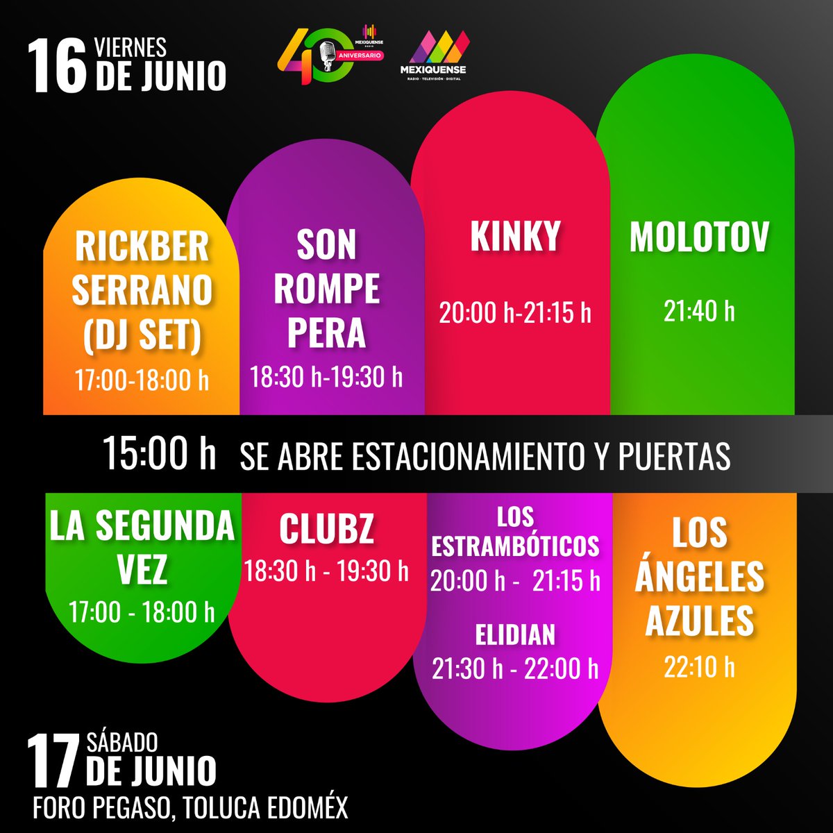 Ya estamos en la cuenta regresiva para nuestra fiesta por nuestros #40AñosAlAire 📡 y el invitado especial eres tú! Este 16 y 17 de Junio acompáñanos en el concierto de Aniversario de #MexiquenseR en el Foro Pegaso de #Toluca, con mucho baile y sorpresas. 

#ConéctateConLaRadio