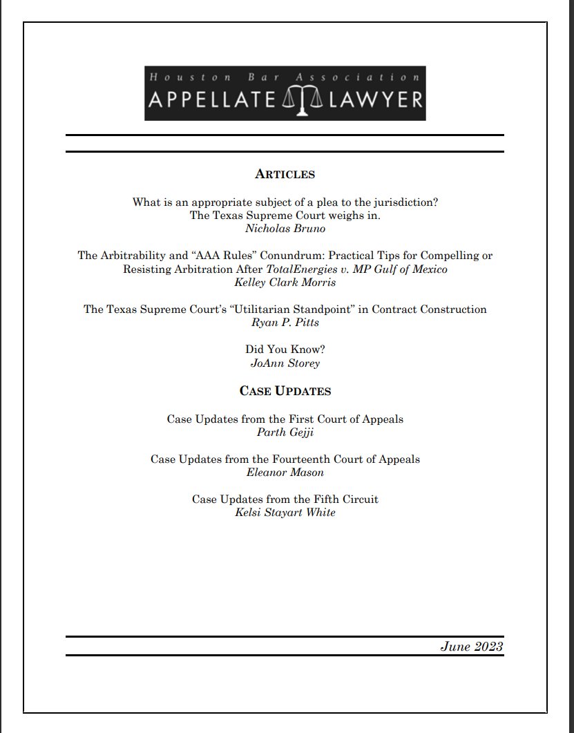 Texas #lawnerds take note: The latest issue of the Appellate Lawyer from @HBA_Appellate is out! This quarter's issue features a super exciting article on arbitration from yours truly. #appellatetwitter #legalwriting