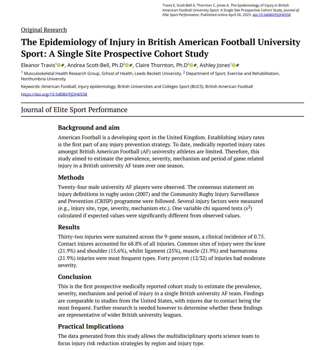 🔥📢🚨NEW ARTICLE! Hot off the press...Open Access! Travis E, Scott-Bell A, Thornton C &amp; Jones A. The Epidemiology of Injury in British American Football University Sport: A Single Site Prospective Cohort Study. …5-4566-a90b-0f5215ee2ad7.filesusr.com/ugd/65e3cc_477…