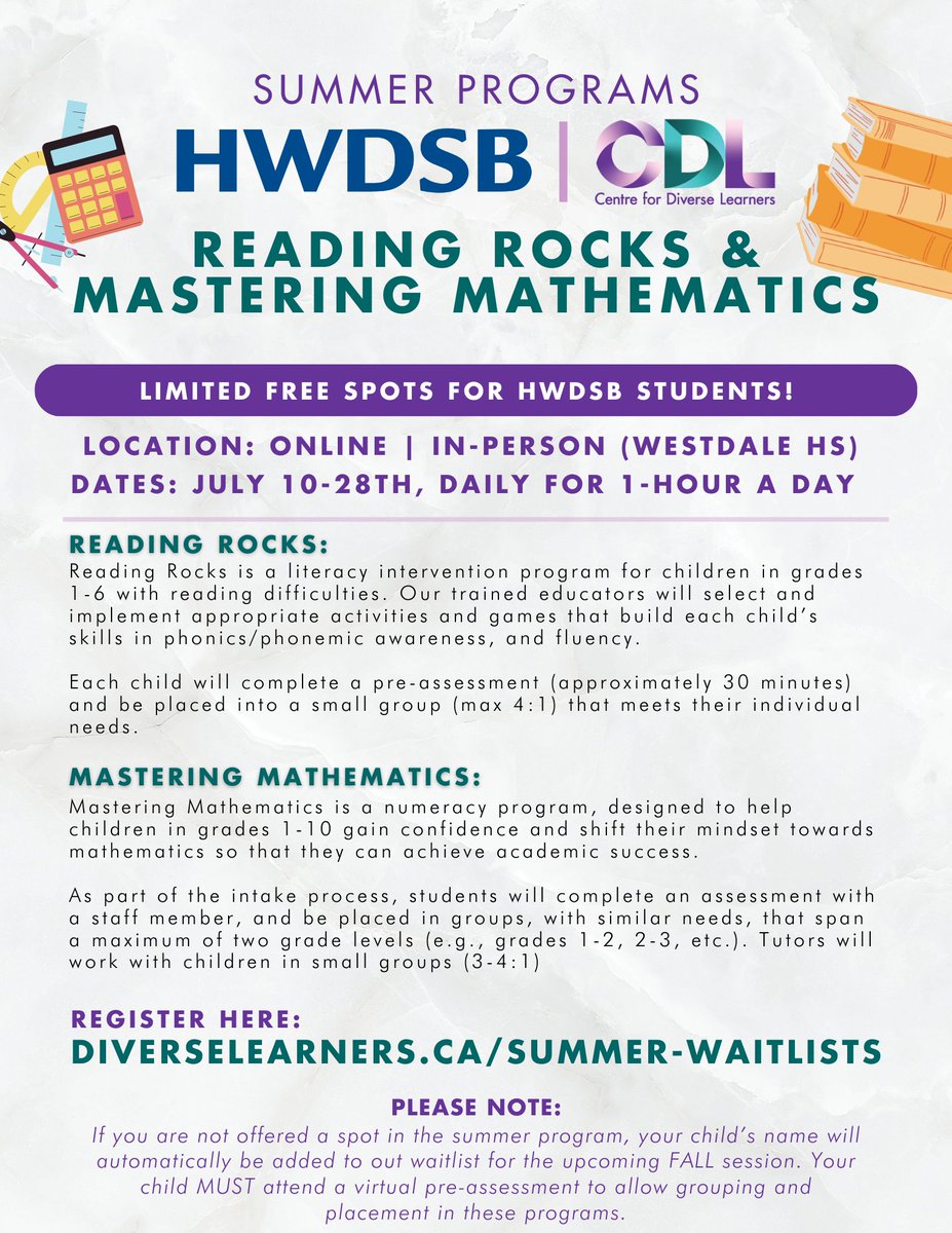 The Centre for Diverse Learners offers summer programs designed to help youth develop skills in literacy and mathematics.

@learndiverse is excited to share that there are tutoring spots available for Summer 2023!

More details: diverselearners.ca/SUMMER-WAITLIS…