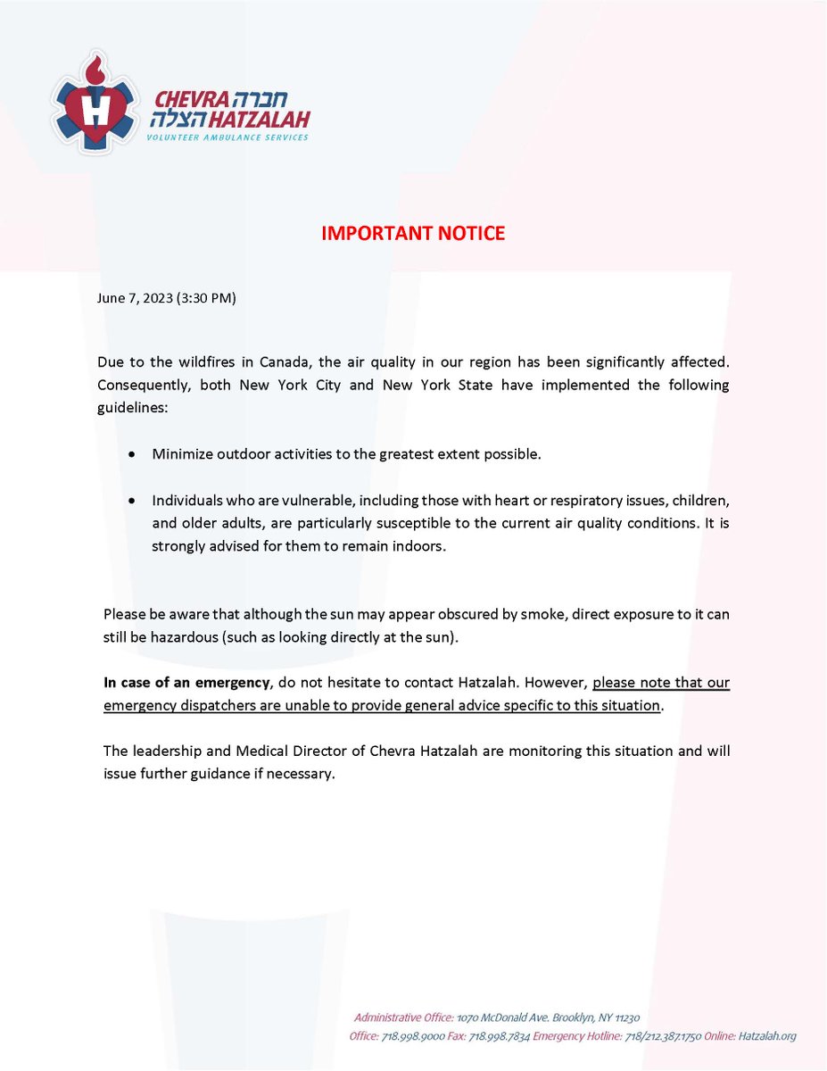 hatzalah's tweet photo. Please see the following statement issued by Cherva @Hatzalah regarding the air quality in the region. https://t.co/JsYwBIiOIt