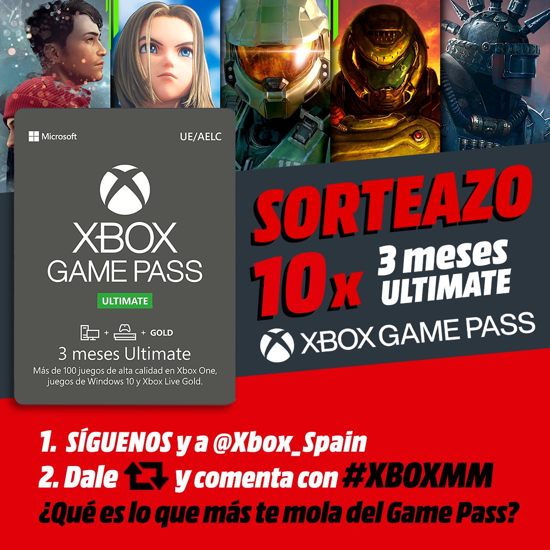 SORTEAMOS 🔟 códigos Xbox GamePass Ultimate 3 meses😱 para jugar con cientos de juegos desde PC, Consola o la Nube 🔥

1⃣Síguenos y a <a href="/Xbox_Spain/">Xbox España</a> 
2⃣Dale RT y comenta con #XBOXMM ¿Qué es lo que más te mola del Game Pass?

Consíguelo ya👉 bit.ly/XBOXGamePassyD…

🎮Hasta el 11/06