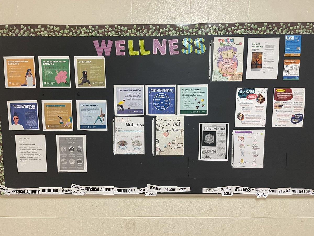 TeacherChelly's tweet photo. The #wellness bulletin board is filling in with student work @FletchersSrPS @PeelSchools https://t.co/1KXZW9PX2Q