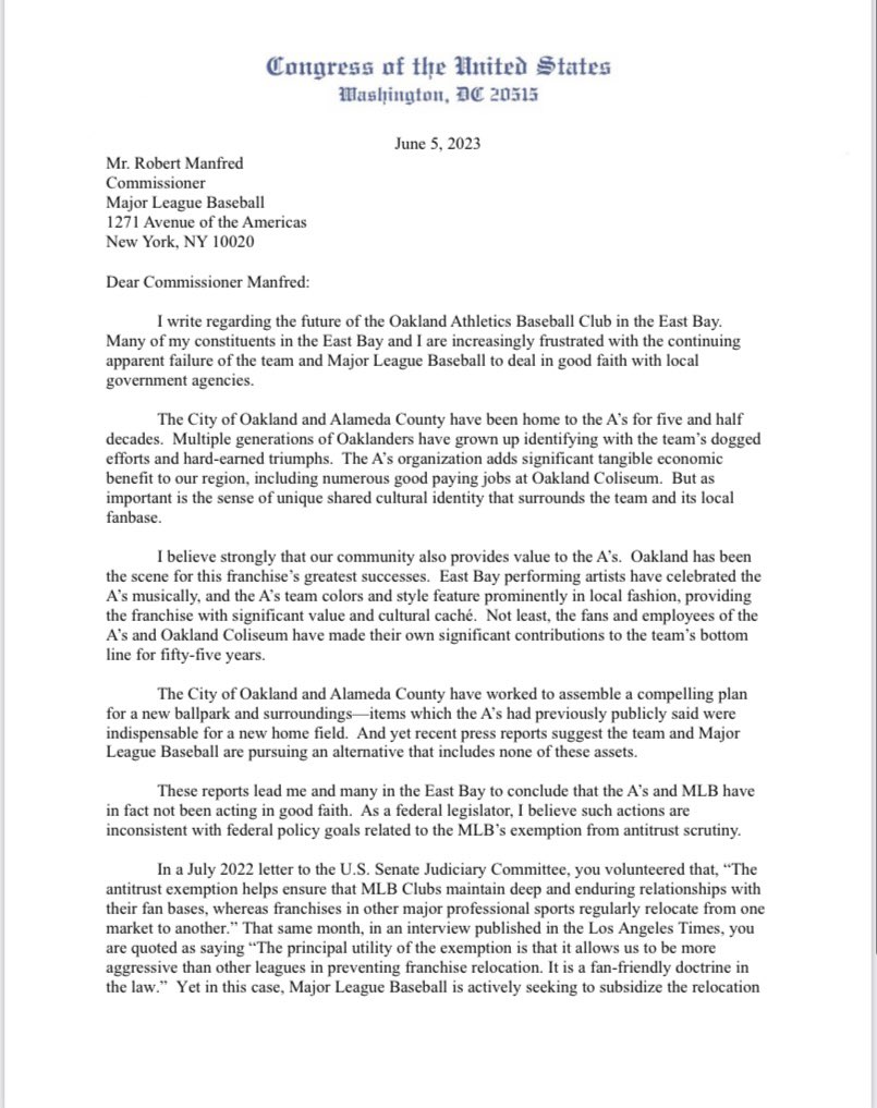 RepBarbaraLee's tweet photo. The MLB told Congress that the reason they need an exemption from Anti-Trust laws is to prevent communities from losing their teams to other cities. The A’s are not only planning a move away from Oakland, @MLB is incentivizing them to.

Today, I asked them to stay out of the way. https://t.co/BTgN2gsY8l