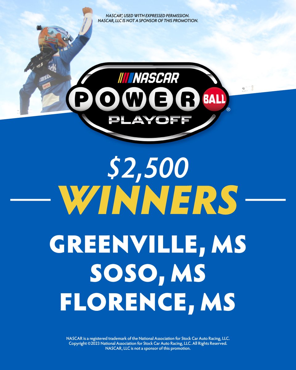 The 4th drawing for the NASCAR Powerball promotion occurred this afternoon! We notify winners via certified mail, so keep an eye out! If you’re not a Mississippi Lottery Insider, sign up today for the link for the next drawing on June 21. #havefunyall https://t.co/L6PGJpqjfo