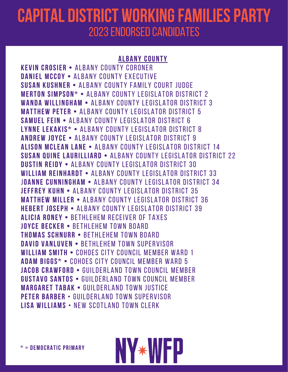 CapitalWFP's tweet photo. The Capital District WFP is proud to endorse a number of candidates from across the region in this year's local elections.

This year's primary elections will be held on June 27! Early voting will occur from June 17 to June 25. https://t.co/Ww8NZxezp9