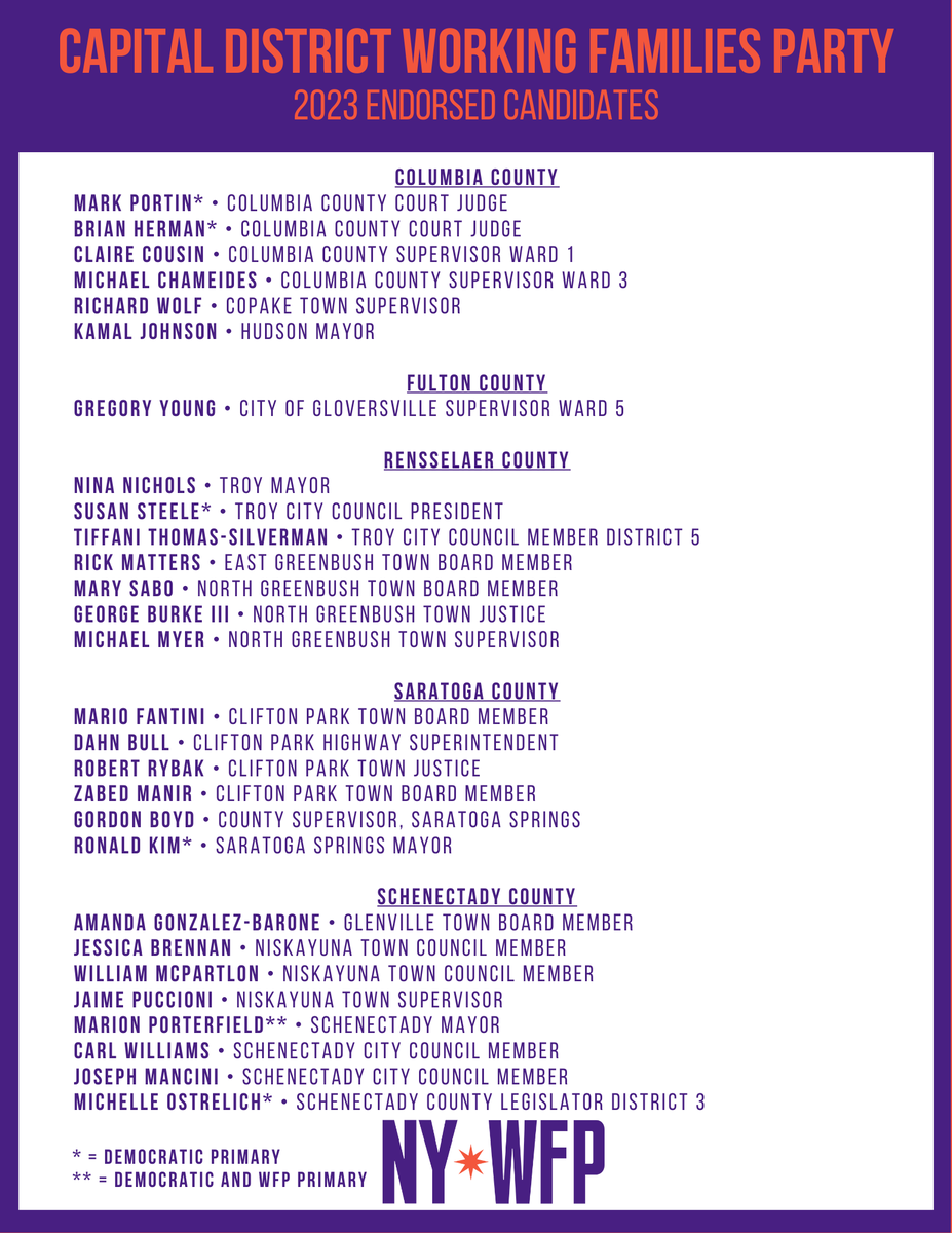 The Capital District WFP is proud to endorse a number of candidates from across the region in this year's local elections.

This year's primary elections will be held on June 27! Early voting will occur from June 17 to June 25.