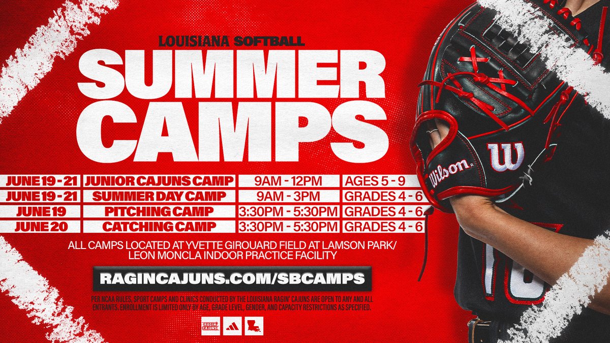 Come hang with the best! 𝗖𝗮𝗺𝗽 𝗦𝗭𝗡 is just around the corner! 🤟🥎

🗓 June 19-21
📍 Lamson Park

Info &amp; Registration ⤵️
🔗 RaginCajuns.com/SBcamps

#GeauxCajuns ⚜️