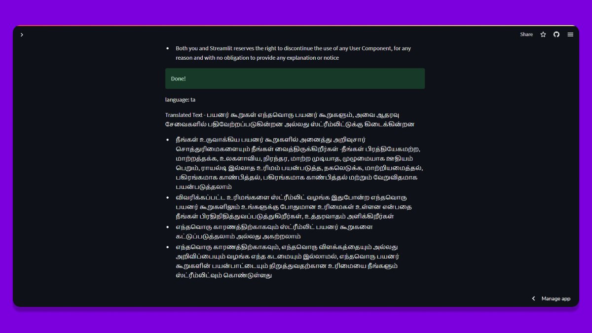 dotAadarsh's tweet photo. TnC Digest - Extracts the key points from the long and never read terms and conditions documents.
Built with @streamlit @AI21Labs @trycourier
Features: Summarize, Email support, Translate
Try it out here: https://t.co/jMfs3hcHcV
Repo: https://t.co/ZpLphEHzzO
#Streamlit25k https://t.co/pvYmJ5Pqyw