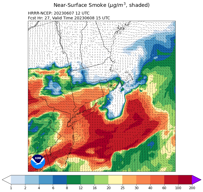 [4 PM] Thursday's bout of smoke will be mainly constrained south of the I-90 corridor. Here's a snapshot of what you can expect for near surface smoke (between the surface and 26ft) around 11am tomorrow.