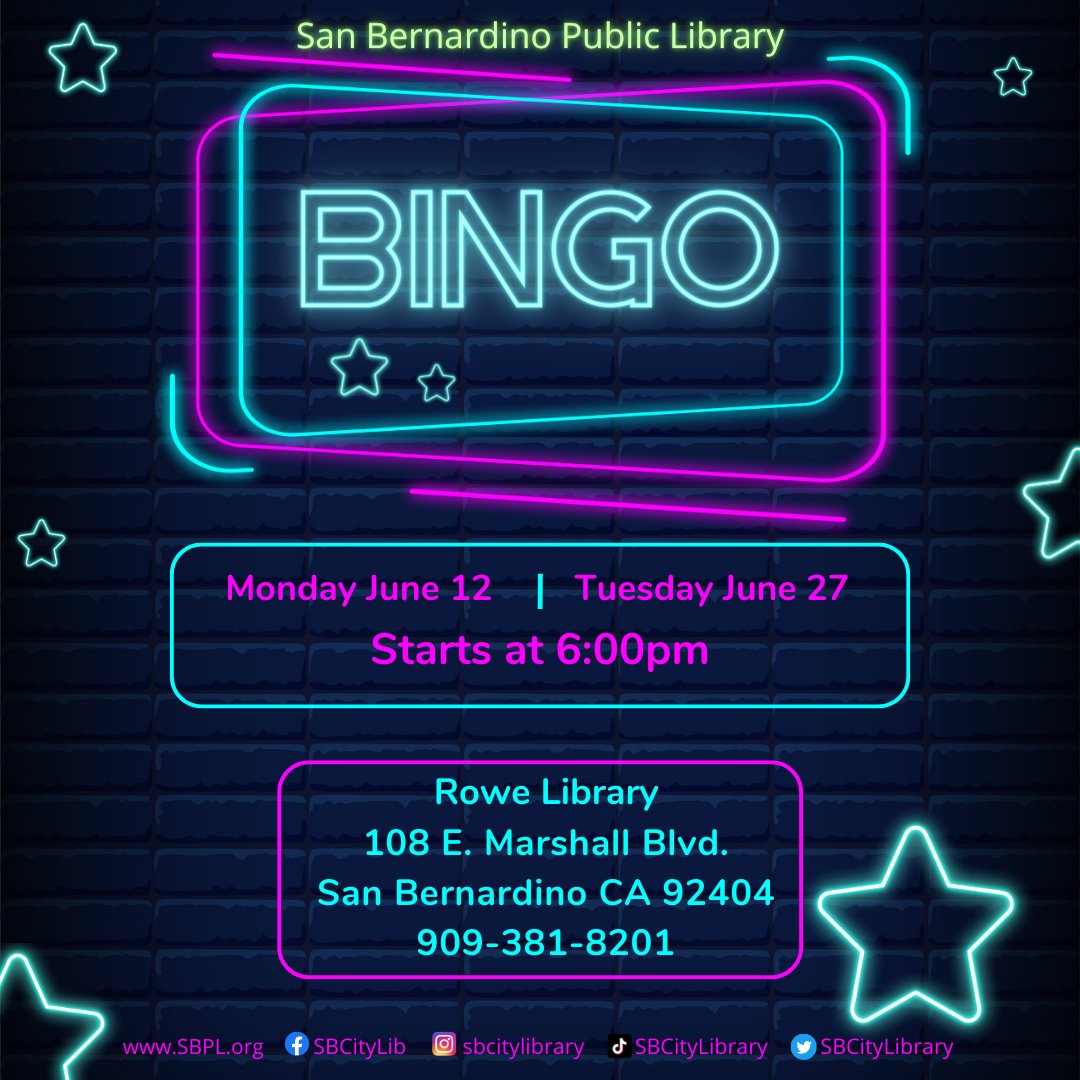 Time to put Rowe Bingo on your calendars! The first one this month is coming up on Monday June 12 at 6pm. We hope you join us for the fun! #SanBernardinoPublicLibrary #SBPL #SanBernardino #InlandEmpire #Bingo #Library