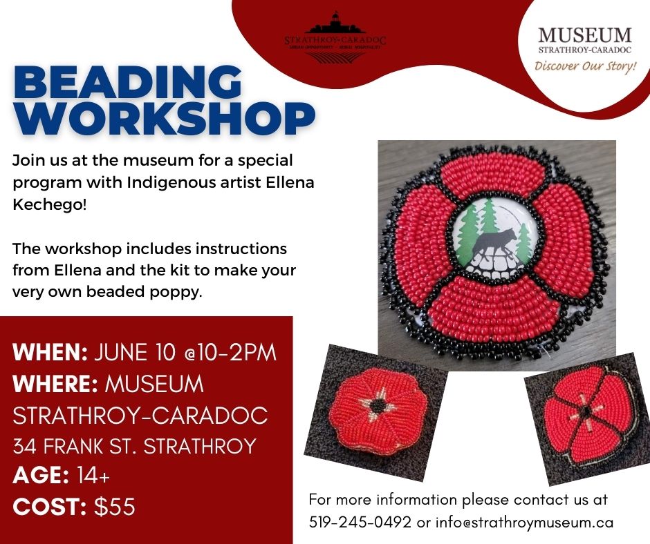 One spot left! Don't miss out on this amazing workshop with Indigenous artist Ellena Kechego from Chippewa of the Thames First Nation. calendar.strathroymuseum.ca/museum/Detail/…

#workshop #IndigenousHistoryMonth #poppy #beading #art #museums