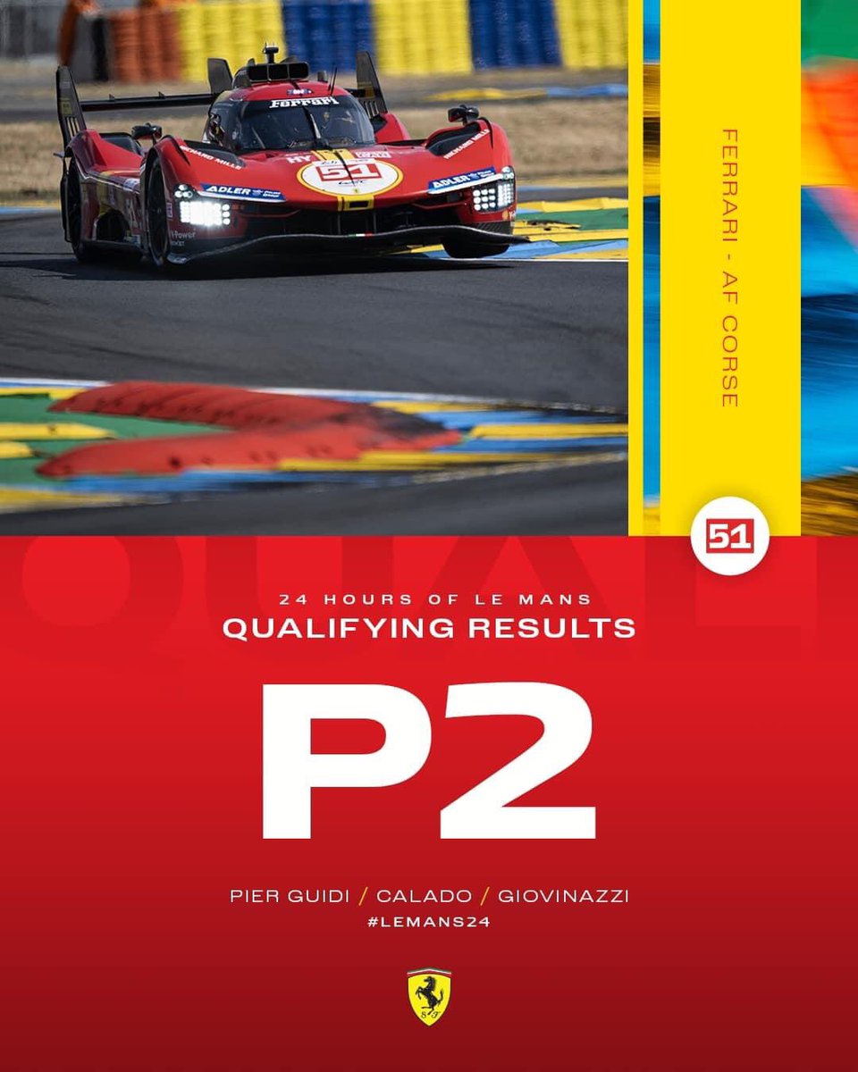 SfcTrento's tweet image. SESSIONE FORTE! 💪 Tutti gli occhi puntati sulla corsa di #Hyperpole domani 🙌 #LeMans24

#️⃣5️⃣0️⃣ - P1 ⏱️ (3:25.213)
#️⃣5️⃣1️⃣ - P2 ⏱️ (3:25.412)

#FerrariHypercar #Ferrari499P #LeMansCentenary