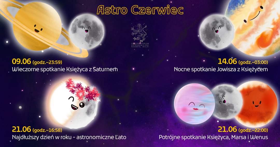 AstroWielki's tweet photo. The Summer Solstice, conjunctions of the Moon with Saturn, Jupiter, Mars and Venus to characterize this month's night sky.

#AstroNight
#PatrzewGwiazdy 
#SummerSolstice 
#Moon
#Jupiter
#Saturn
#Venus
#Mars https://t.co/b5ruhiV2fA