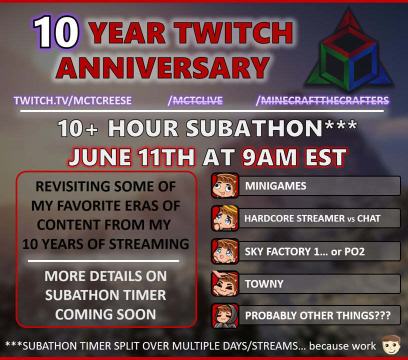 MCTCReese's tweet photo. 10 YEARS ON TWITCH... I'm lowkey in denial...
What better way to celebrate then with my FIRST EVER SUBATHON!!!  (RTs greatly appreciated <3)
See you THIS Sunday starting at 9am EST https://t.co/wO9H8kzzqX