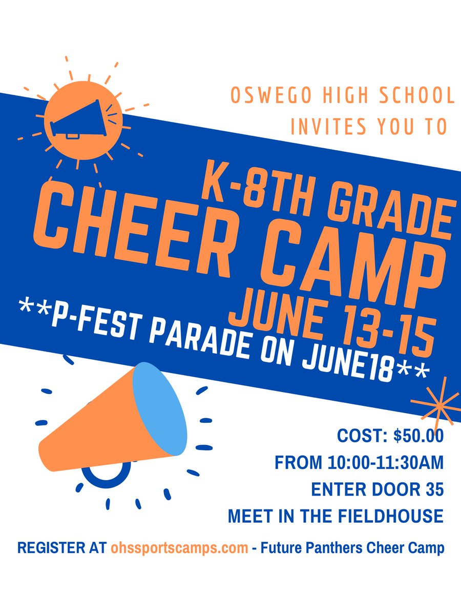 Oswego Cheer (@oswegocheer) on Twitter photo Only 20 spots left!!! See you next week campers 📣☀️🐾
<a href="/OHS_GoPanthers/">OHS Athletics</a> <a href="/sd308/">Oswego Community Unit School District 308</a> @OHSAllSports Only 20 spots left!!! See you next week campers 📣☀️🐾
<a href="/OHS_GoPanthers/">OHS Athletics</a> <a href="/sd308/">Oswego Community Unit School District 308</a> @OHSAllSports