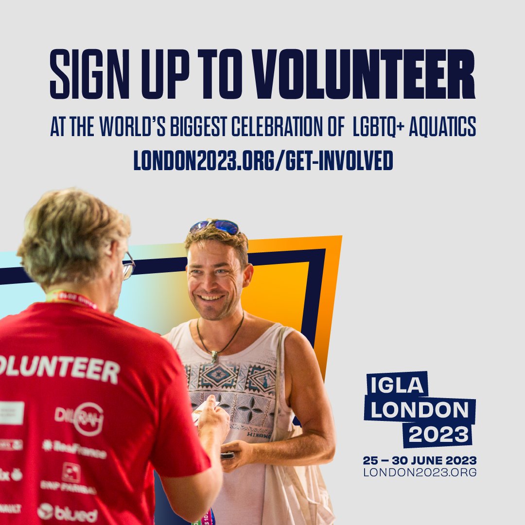 Want to volunteer at #IGLA2023?

There’s still time to join the Championship Crew! This June, help us welcome the world and be part of the world's biggest celebration of inclusive aquatics! 🏊🏳️‍🌈🏳️‍⚧️

Sign up today at london2023.org/get-involved