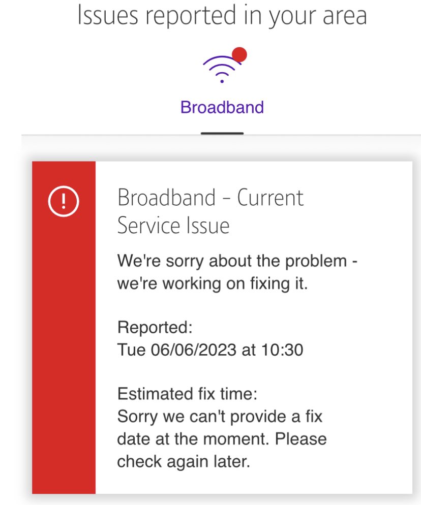 @bt_uk Not good in LS24 8DB, no broadband since 10.30 yesterday, no fix time yet
