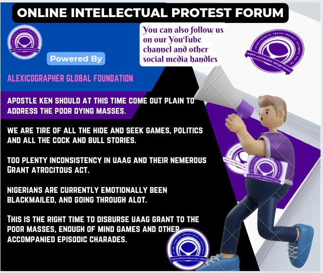 We are currently demanding that apostle Ken should immediately address the grant community &amp; tell us everything he knows regarding the current issue of UAAG disbursement.
Nigerians are tire of the continuous emotional blackmail.
<a href="/ARISEtv/">ARISE NEWS</a>
<a href="/BBCNews/">BBC News (UK)</a>
<a href="/UN/">United Nations</a>
<a href="/WorldBank/">World Bank</a>
<a href="/PeterObi/">Peter Obi</a>
<a href="/CNN/">CNN</a>
<a href="/VP/">Vice President JD Vance</a>