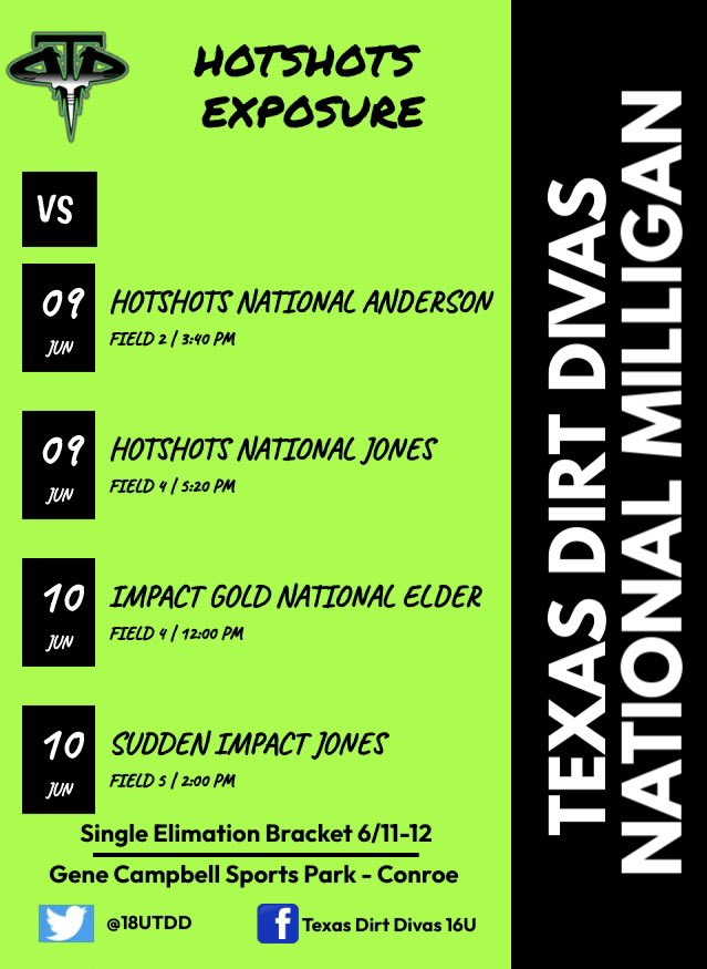 Come out and watch us this weekend! #texasdirtsivas #hotshotsexposure <a href="/NCAASoftball/">NCAA Softball</a> <a href="/D1Softball/">D1Softball</a> <a href="/QrRecruiter/">QR RECRUITER</a> <a href="/KenThomas74/">Kenny Thomas</a> <a href="/JdChandler78/">James Chandler</a> <a href="/keelimilligan/">Keeli Milligan</a> <a href="/18UTDD/">Texas Dirt Divas National 18u</a>