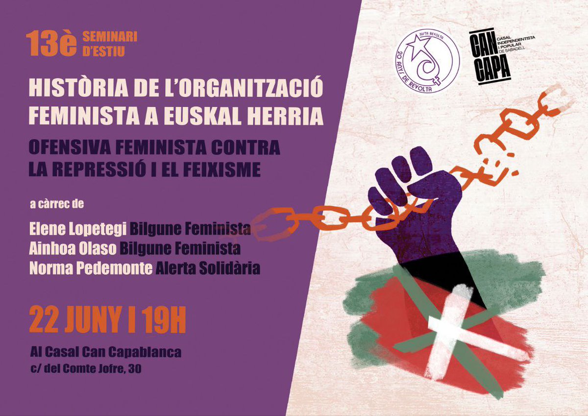*Seminari d’Estiu de Justa Revolta*💥: 

 *tots els dijous de juny*, i el *6 i 12 de juliol*

📣 *Primera sessió*: *8 de juny*

🕔 A les 19h.

📍Casal Can Capablanca (Comte Jofre 30) 

💥 Entrada lliure i gratuïta. 

*No hi falteu, entre totes construïm el seminari!*