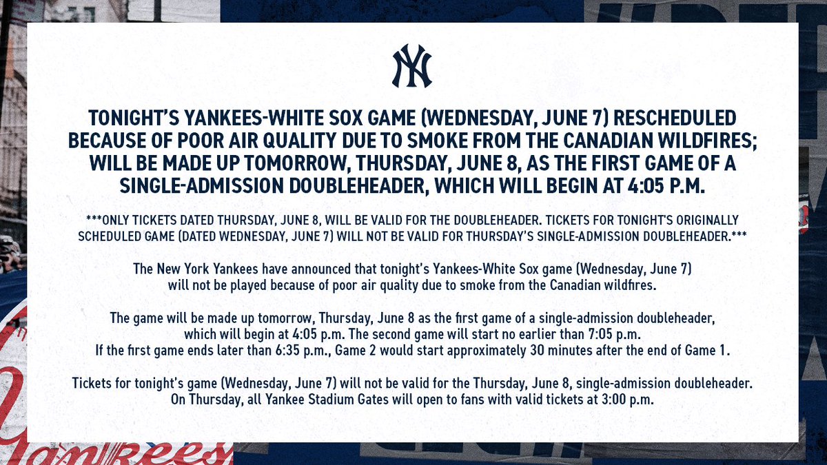 Yankees-White Sox game postponed due to Canadian wildfire smoke 