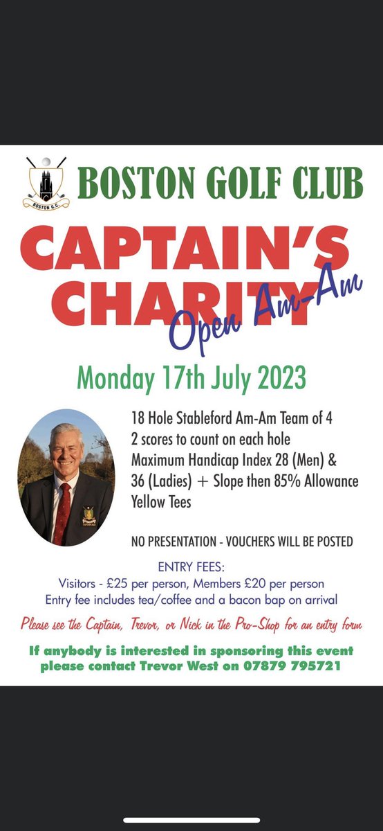 support our Captain Trevor West in his Charity Open Am-Am on Monday 17th July 2023! Entry forms are available from Trev or from Nick in the Pro-Shop!
If anybody is interested in sponsoring this event, then please get it touch with Trevor directly Thank you!