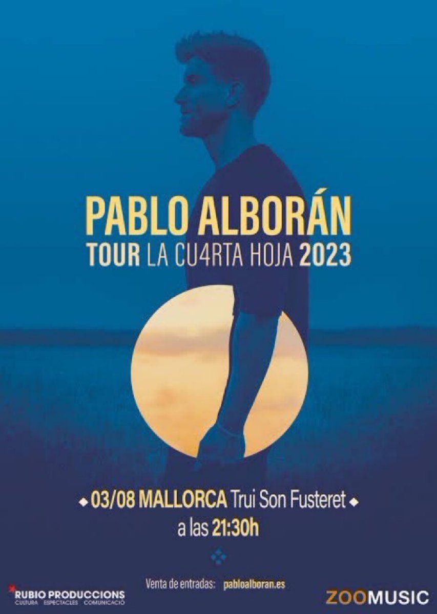 #Concierto 03 de agosto. Trui Son Fusteret. Palma de Mallorca 🇪🇸 <a href="/pabloalboran/">Pablo Alborán</a> 

#TourLaCu4rtaHoja2023

Entradas: pabloalboran.es