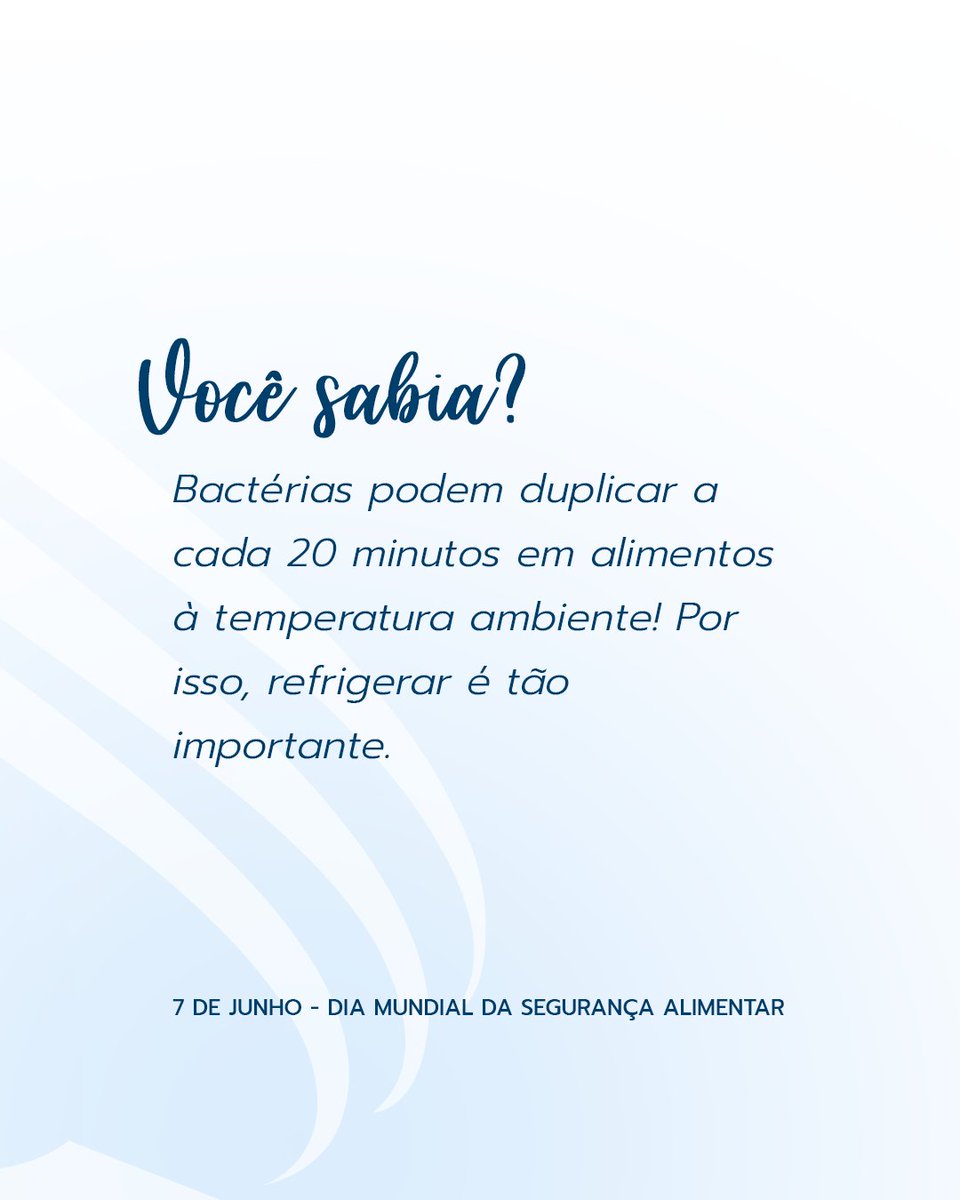 Hoje é o #DiaMundialDaSegurançaAlimentar! Lembre-se de Lavar bem os alimentos, cozinhar as carnes adequadamente, evitar contaminação cruzada. Curiosidade: Bactérias duplicam a cada 20 minutos em alimentos à temperatura ambiente. #SegurançaAlimentar 🥗🌍 #ARMSA