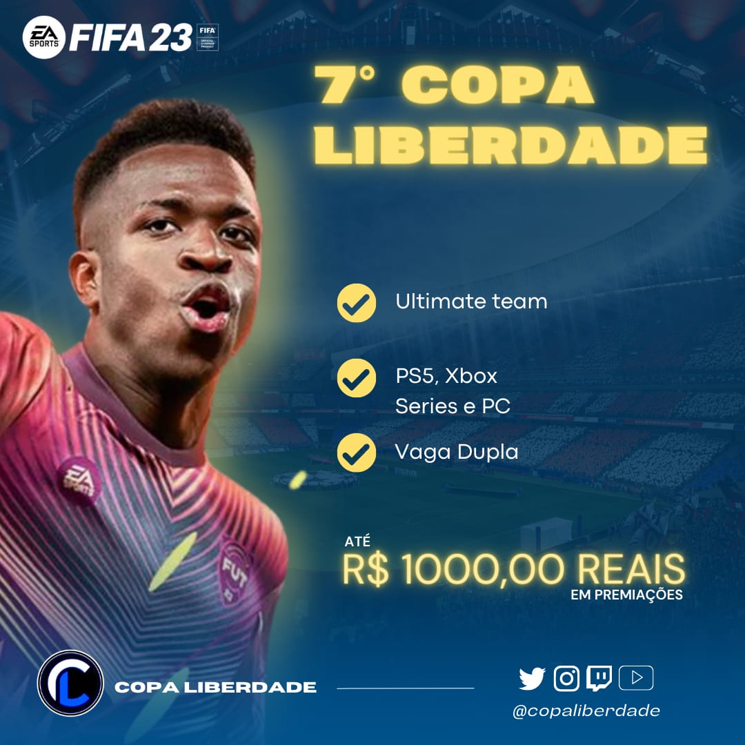 CopaLiberdade's tweet image. *_CopaLiberdade APRESENTA:_*

🎮Campeonato de FIFA23 no Modo times UT para nova geração 
💸 35,00 se chamar um amigo ambos pagam 30,00
🗓️ Previsão de início: 12/06
🎮  Nova geração
🗒️formato: Grupos+ mata mata
🏆 *Premiação Total:
R$ 1000,00
*Site:* copaliberdade.com.br
