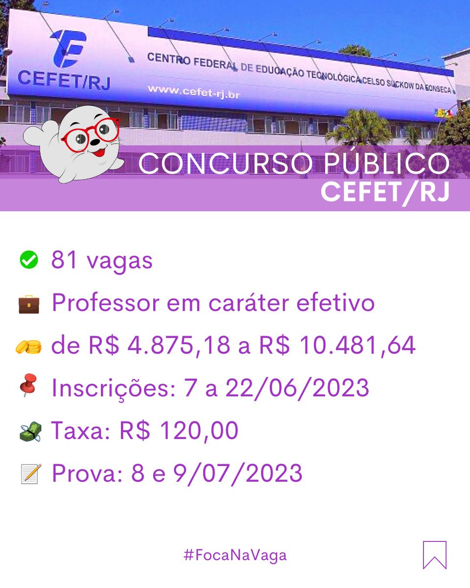 focanavaga's tweet photo. 📢 Centro Federal de Educação Tecnológica Celso Suckow da Fonseca (CEFETRJ)
✅ 81 vagas
👩‍🏫 Cargos: professor em caráter efetivo (nível superior)
💼 Caráter efetivo
🤑 Remuneração: R$ 4.875,18 a R$ 10.481,64
📌 Inscrições: 7 a 22/06/23
💸 Taxa: R$ 120,00
📝 Prova: 8 e 9/07/23 https://t.co/1jKleMqpuz