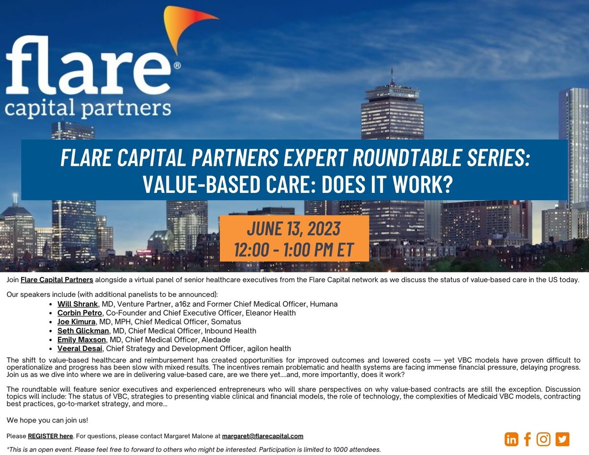 We're less than a week away from <a href="/FlareCapital/">Flare Capital</a>'s Expert Roundtable Series: Value-Based Care: Does it Work? We hope you can join us next Tuesday, June 13th at 12 PM ET! Secure your spot here: us02web.zoom.us/webinar/regist…