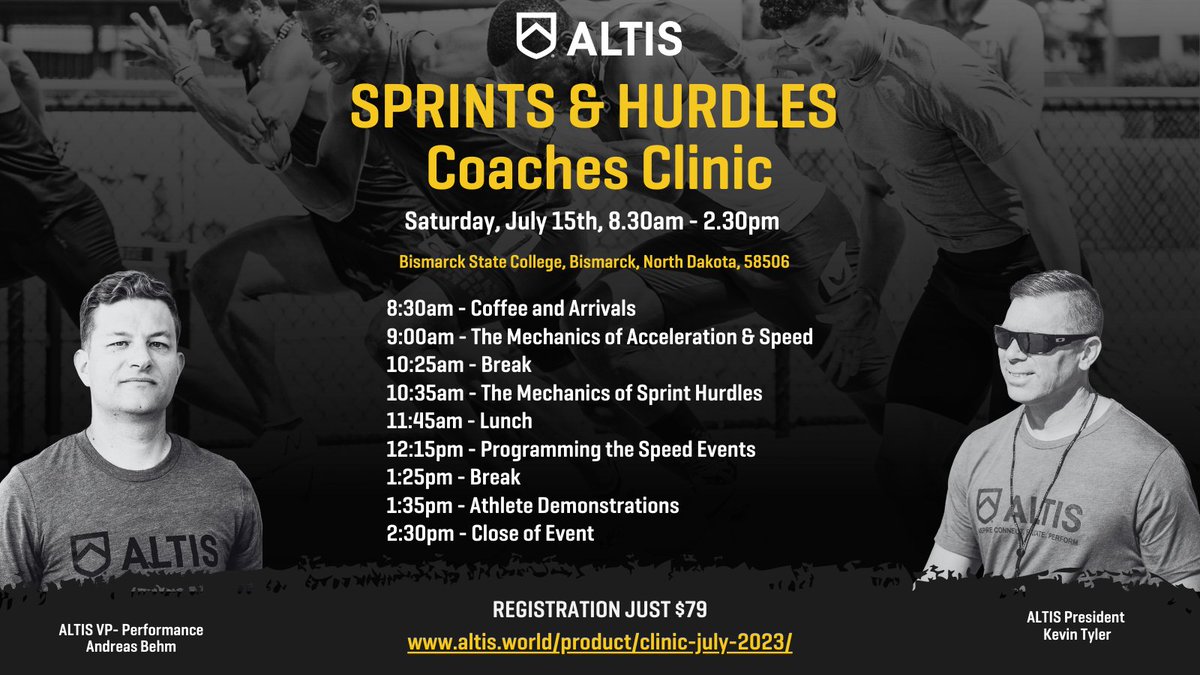 ALTIS's tweet photo. 🎽 SPRINTS &amp; HURDLES CLINIC - July 15th 

🤝 Join us @ Bismarck State College, N Dakota, for an insight-packed day practical masterclass on the Sprints &amp; Hurdles, led by Kevin Tyler &amp; Andreas Behm. 

🌐 Info &amp; booking: https://t.co/5xvtnkonUy

#sprints #hurdles #coaching https://t.co/tdbhHLTeLz