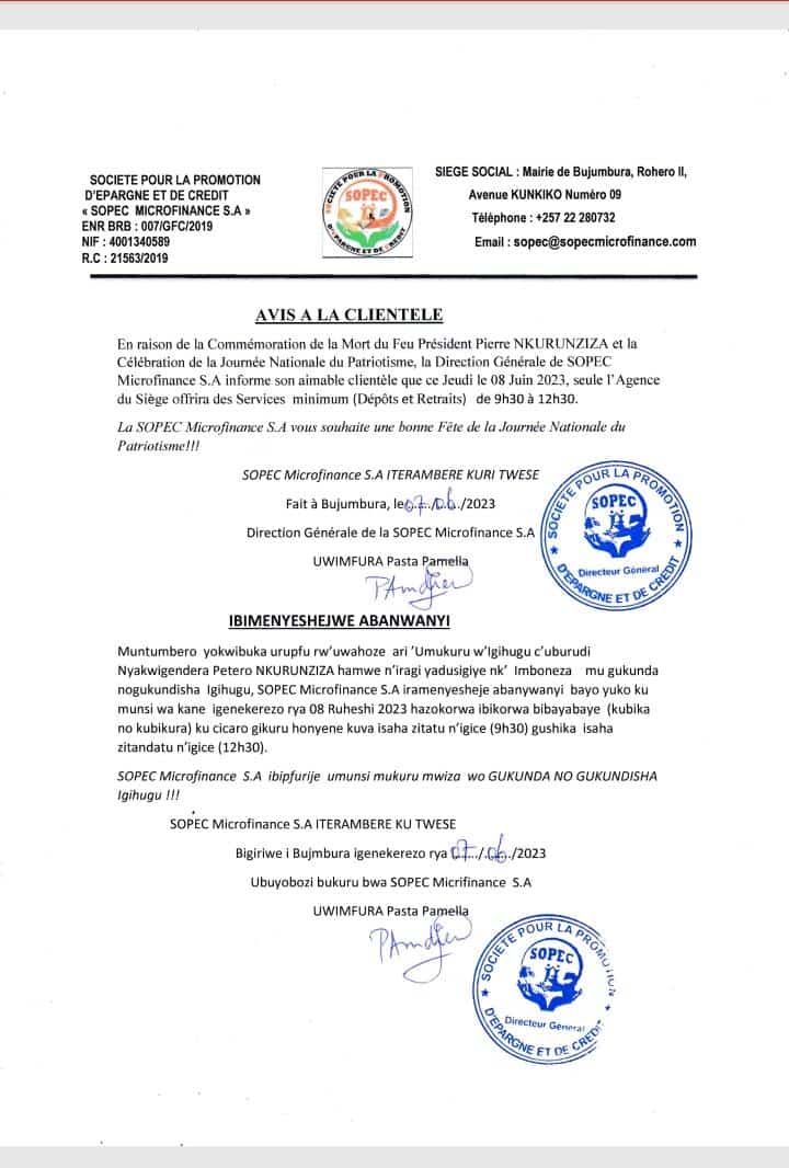 SOPEC2019MF's tweet photo. #Burundi: En raison de la journée Nationale du Patriotisme, seule l'agence siège de la @SOPEC2019MF ouvrira ses portes pour des services de Retrait et Versement à partir de 9H30-12H30. Bonne fête du patriotisme. 
@amour_kwizera @AmiRomeoNzisab1 @NdihokubwayoCm3 @NyaburungaNino https://t.co/FvaRbGDi5b