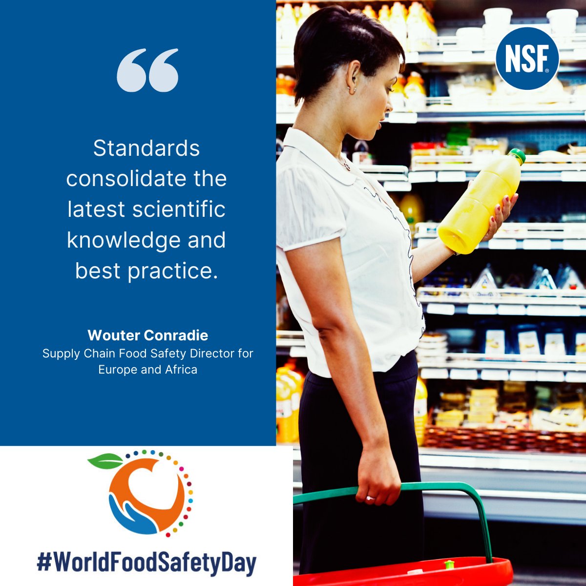 Celebrate #WorldFoodSafetyDay by recognizing the importance of food standards!  As Wouter Conradie says, implementing food standards gives support and trust to consumers.  Learn about the NSF Mark at bit.ly/3qAioFy