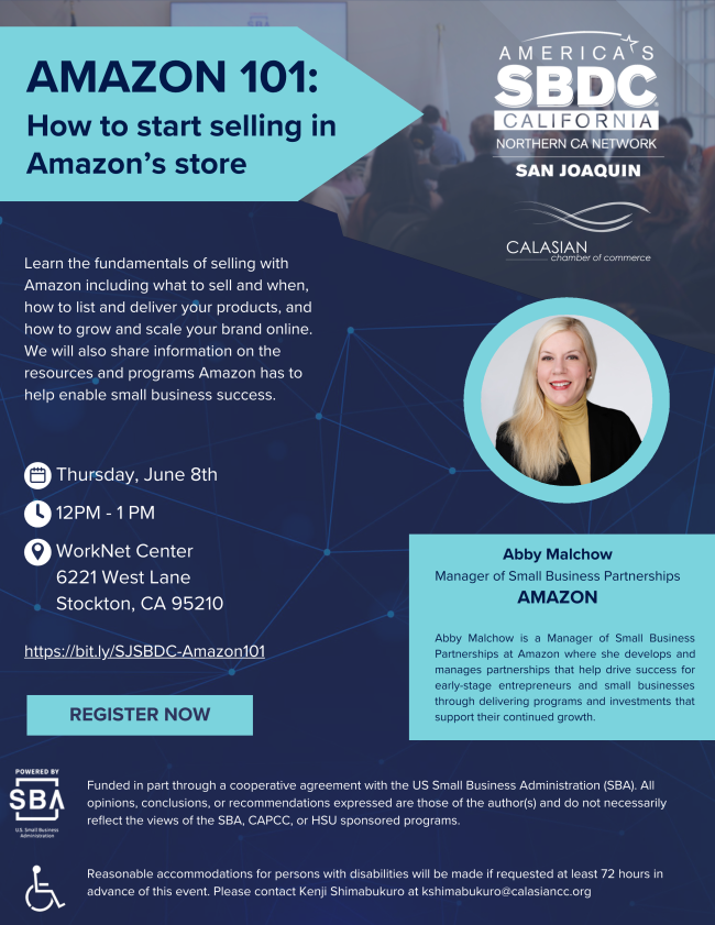 Get started in ecommerce through Amazon, attend this in-person workshop hosted by San Joaquin SBDC.

🗓 Thursday, June 8, 2023
📍 Stockton WorkNet Center - 6221 West Ln Ste 105 Stockton, CA 95210
⏰ 12:00 PM - 1:00 PM 
REG: conta.cc/420H2fR

sanjoaquinsbdc.org
