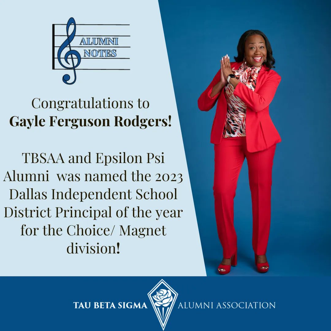 tbsaa's tweet photo. Wishing a warm congratulations to Gayle Ferguson Rodgers! She was named the 2023 Dallas Independent School District Prinicpal of the year for the Choice/Magnet divison! Keep up the amazing work! #4gr8erleaders #alumninotes #TBSAAcelebrates #intentional connections https://t.co/fidxXnoyIp