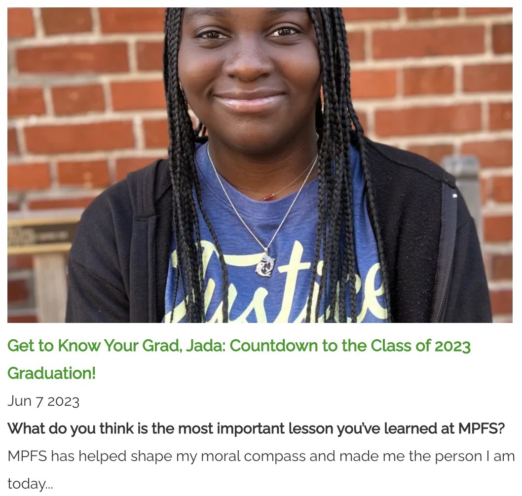 mpfs's tweet image. We're down to our final TWO interviews, and today we're featuring soon-to-be grad Jada! Join us in learning what makes an MPFS graduate so special as we countdown to the big day! Visit mpfs.org/news to read the full Q&amp;amp;A #mpfsquakered #thisisquakered #classof2023