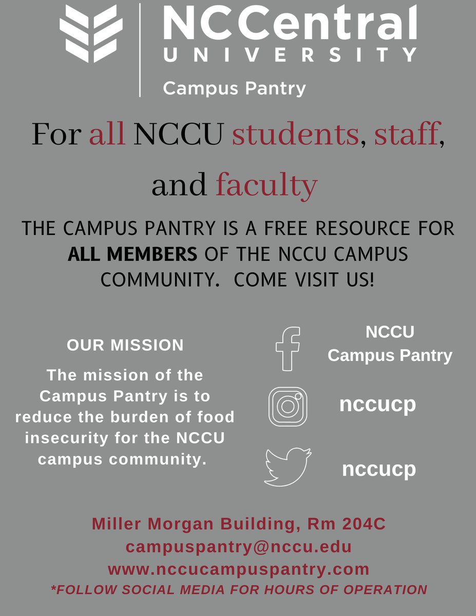 NCCUCP's tweet photo. The NCCU Campus Pantry is available to all students, staff, and faculty! https://t.co/HHg6bYyPGN
