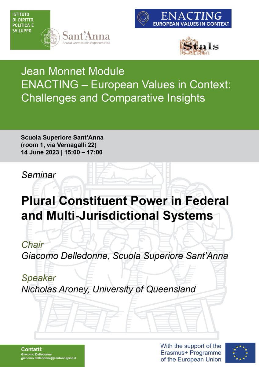 StalsPisa's tweet photo. Seminar (on site)
14 June 2023 | 15:00 – 17:00
Scuola Superiore Sant’Anna
(room 1, via Vernagalli 22)
Plural Constituent Power in Federal and Multi-Jurisdictional Systems https://t.co/mxcW0DyFDl