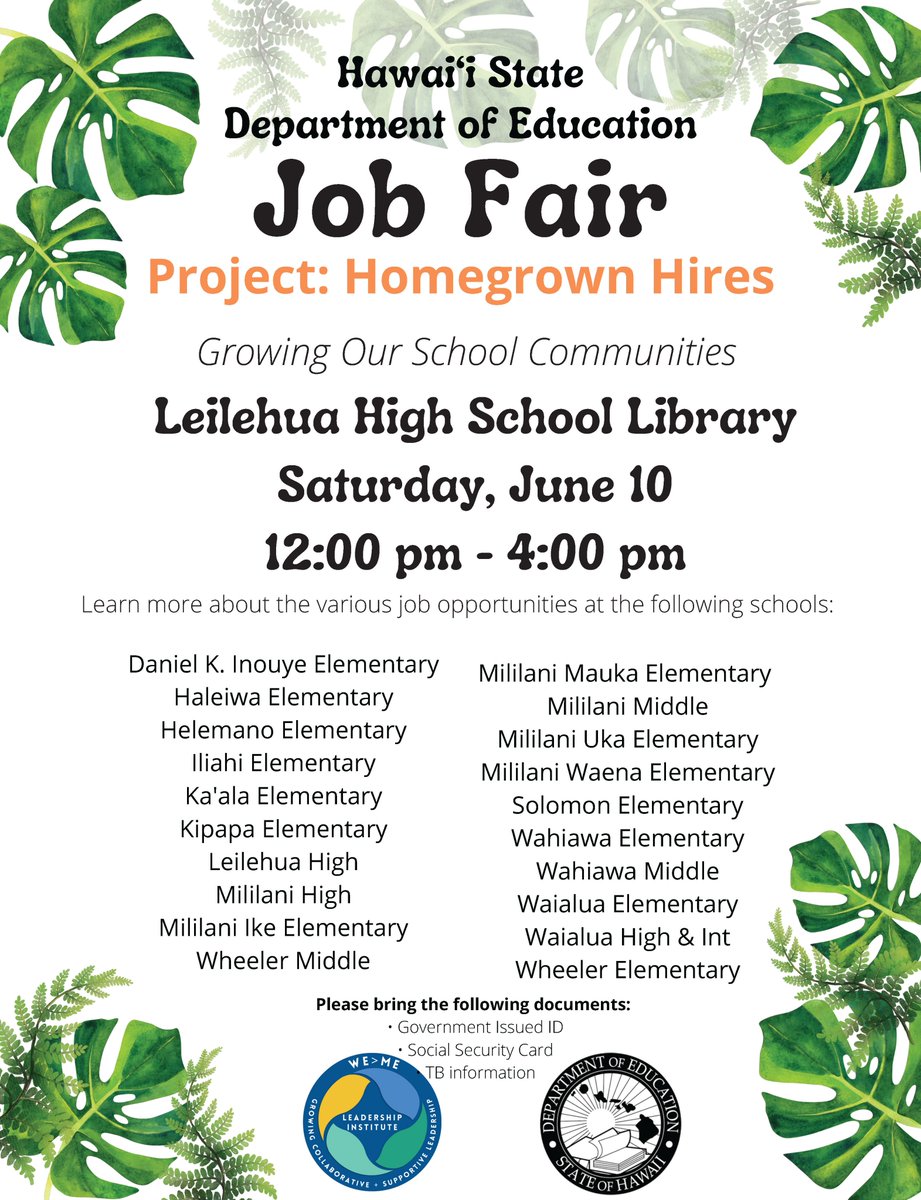 The Department's Leadership Institute is fostering homegrown job opportunities by going local! Learn more about various job opportunities this Saturday, June 10 at Leihelua High in the school library from noon to 4 p.m.