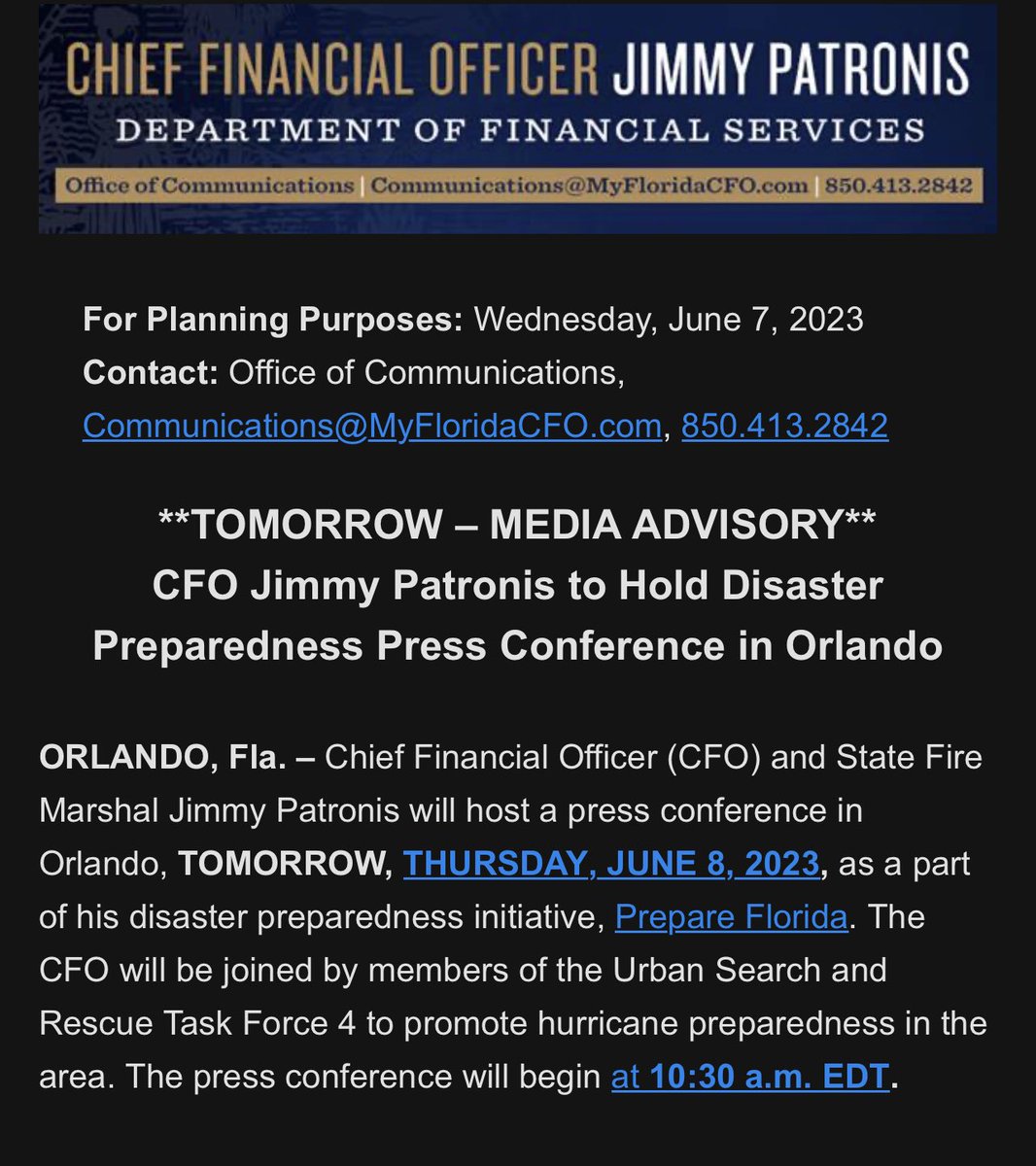 CFO @JimmyPatronis in Orlando tomorrow for a hurricane preparedness event. We’re seven days into Hurricane Season. Have a plan! No excuses!