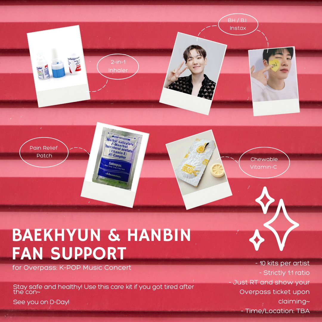BAEKHYUN & HANBIN FAN SUPPORT for Overpass: K-POP Music Concert Care kit ☆ 2-in-1 Inhaler / Pain Relief Patch / Chewable Vitamin-C / BH or B.I Instax ☆ Check photo for details. See you! #OVERPASSinMNL_Baekhyun #OVERPASSinMNL_BI #OVERPASSinManila #OVERPASSinMNL #OVERPASS2023